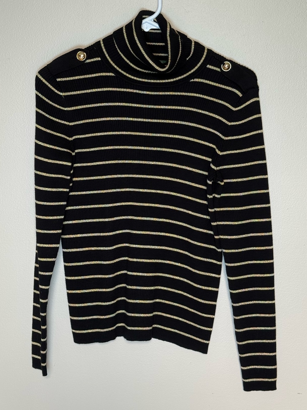 Striped Black Gold Metallic Turtleneck with Button Detail Ralph Lauren LRL